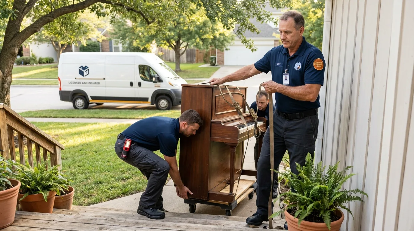 Licensed piano movers securing grand piano in Dora, AL
