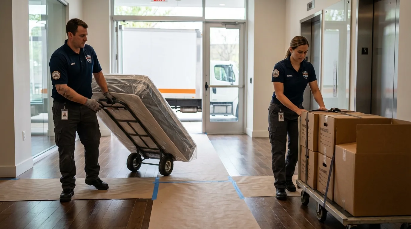 Professional apartment movers loading elevator in Dora, AL